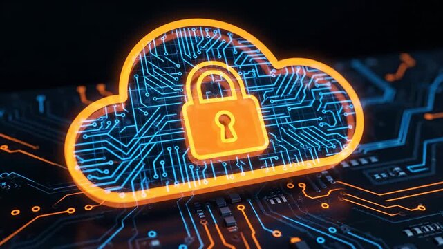 Glowing orange cloud icon with a padlock symbol over a detailed blue circuit board pattern on a dark background symbolizing digital data security and protection.
