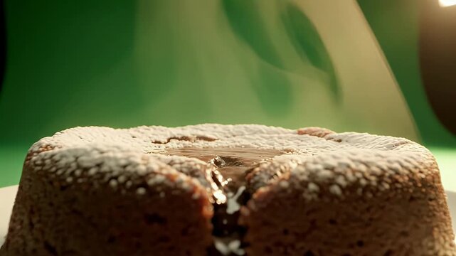 A chocolate molten cake dusted with powdered sugar, steam rises, on a white plate, green background