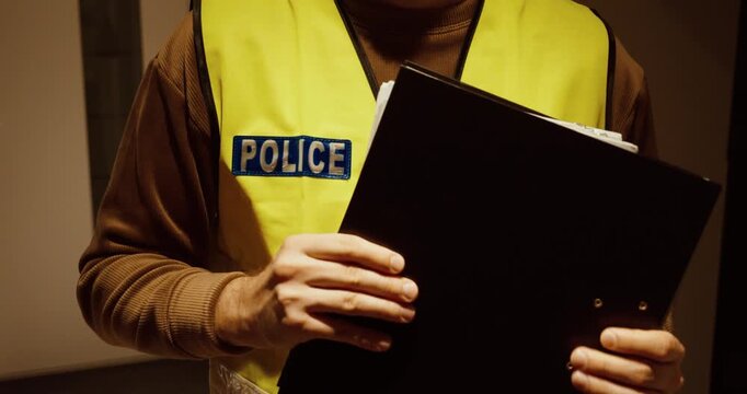 Close-up of a police officer wearing a safety vest while holding a black folder. Concept of investigation, evidence handling, law enforcement documentation, and criminal case management.