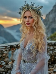 Ethereal Beauty in a Mountain Landscape with Floral Crown