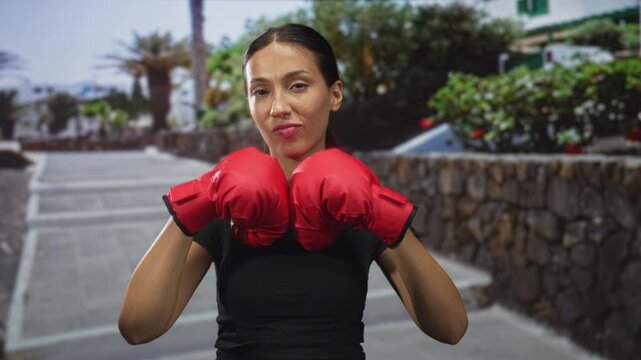 Hispanic woman wearing red boxing gloves holds fists up in guard on a sunlit stone street walkway lined with palms and shrubs; confidence empowerment.