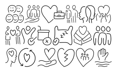 Obraz premium Mental Health Icons Vector – Emotional Support and Relationship Symbols – Black and White Outline Icon Set for Therapy, Psychology and Wellness Design