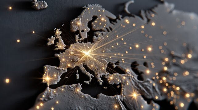 A stylized digital map of Europe with bright points and connecting lines representing network or communication hubs.
