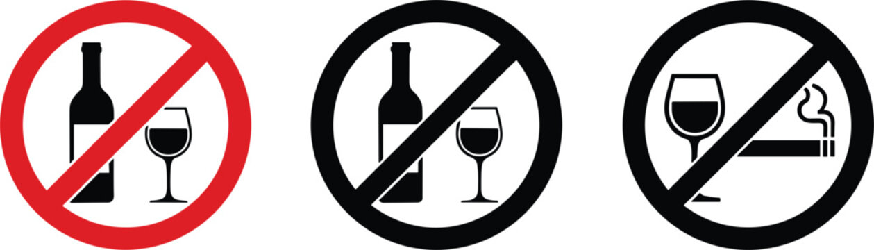 No Alcohol and No Smoking Prohibition Sign Icon Set with Wine Glass Symbols Collection
