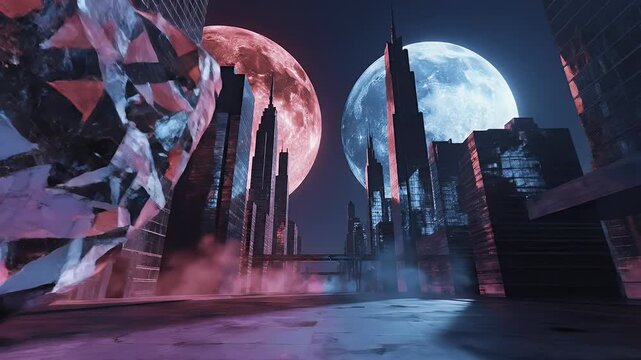 A cityscape beneath a grid, framed by dark architecture, with an anomalous, faceted object