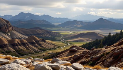 Serene Mountain Landscape with Winding River and Lush Valleys