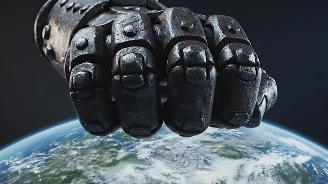 A robotic hand, with detailed metal textures, looms over the Earth from space