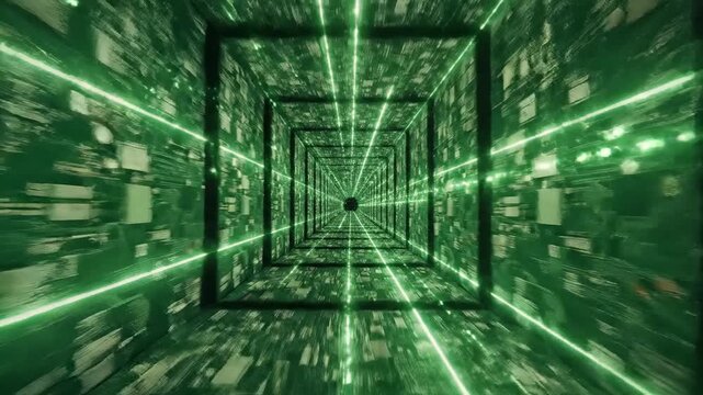 Abstract green technology tunnel with circuit board texture and laser beams