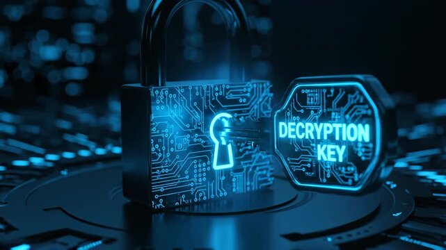 A glowing blue digital padlock with circuit board patterns sits on a dark, textured surface next to a hexagonal decryption key symbol, symbolizing digital security and access.