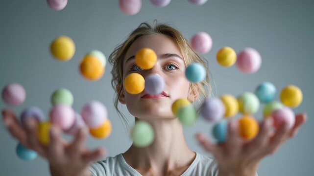 A young woman skillfully tosses pastel-colored rubber balls into the air. Bright lights illuminate her joyful expression as colors dance around her in a playful display of fun and creativity.