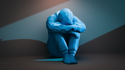 Depressed man sitting on floor in shadows. 3d rendering