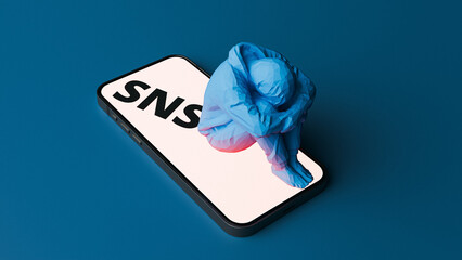 Depressed person sitting on smartphone screen with SNS text. 3d rendering