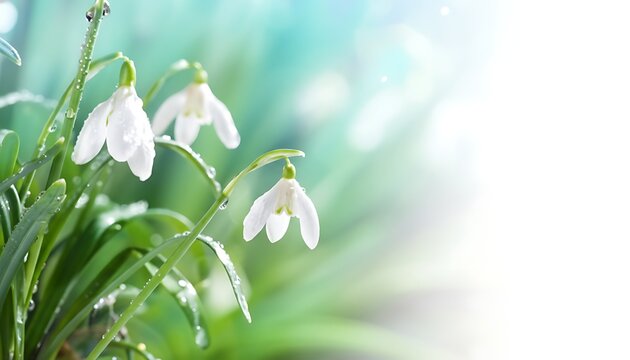 White snowdrop flowers with water droplets in bright spring light