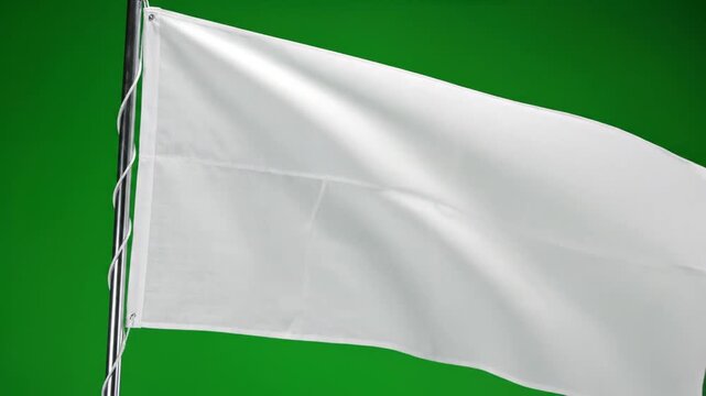 White flag waving on metal pole against green screen background for symbol of surrender or blank space