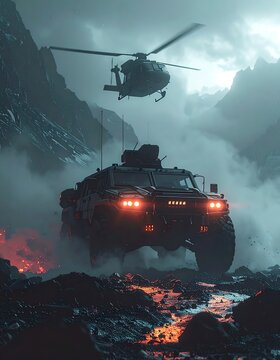 A dark armored vehicle and helicopter in a smoky, rocky terrain