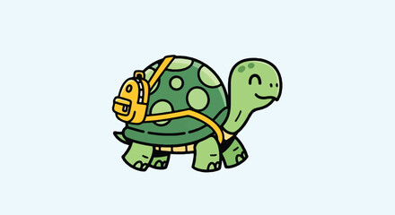 Obraz premium A cartoon turtle wearing a yellow backpack and smiling