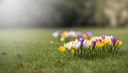 Colorful crocuses blooming in a green field on a spring morning