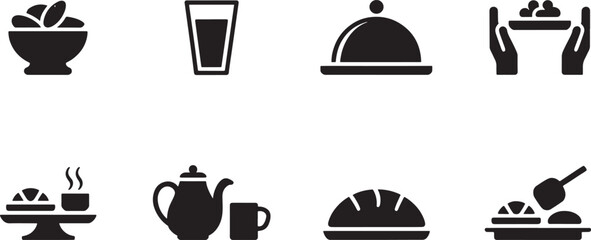 Black vector restaurant icons set featuring food,