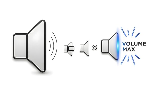 Dynamic volume evolution graphic with a large speaker, smaller icons, multiply sign, and glowing &ldquo;VOLUME MAX&rdquo; speaker, visually explaining how sounds combine and increase to maximum loudness for educa
