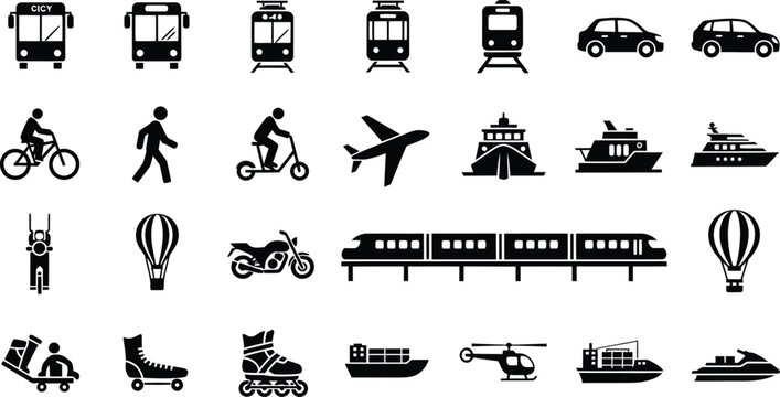 Variety of transport icons in silhouette, depicting different modes of travel and vehicles