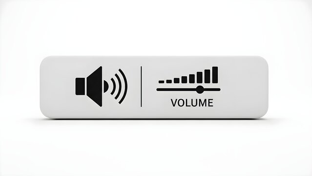 White rectangular volume bar with bold black speaker icon and ascending column graph, combining sound symbol and level meter to show increasing loudness, ideal for hardware keys, media controls, and c
