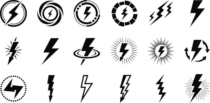 Set of stylized lightning bolt icons and symbols in various designs for electricity and power themes