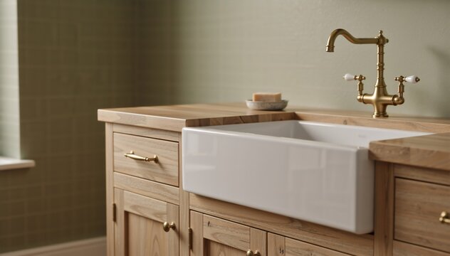 Farmhouse sink cabinet with apron front in a kitchen interior. Rustic wooden cabinetry with brass faucet and white ceramic sink