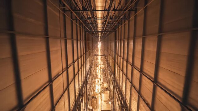 Perspective shot of a tunnel with overhead structures, industrial ambiance. Light at the end