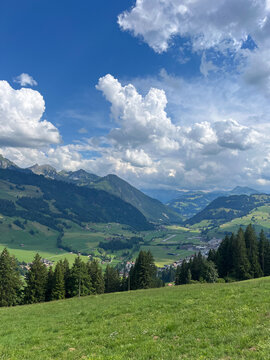 Zweisimmen village surrounded by mountains, Switzerland