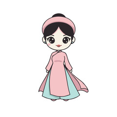 Fototapeta premium cute thai woman chibi character in traditional chut thai silk dress