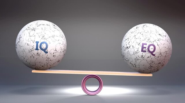 Iq and eq in balance - balancing stones on a scale symbolizing harmony, equity and equilibrium between iq and eq. Harmonious and beneficial situation.