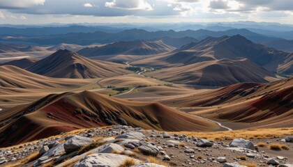 Vast Arid Landscape with Winding Road and Rugged Hills