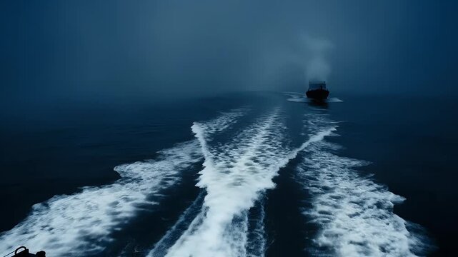 A boat cuts through dark water, creating a foamy wake against an overcast, misty sky. The vessel is silhouetted