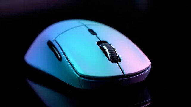 A close-up studio shot of a computer mouse illuminated by vibrant blue and pink neon lights, set against a dark reflective surface. Minimalist and modern aesthetic.