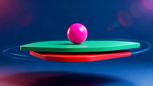 Pink sphere on red green platform with blue gradient background and light spots