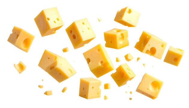 Yellow cheese cubes, some with holes, appear to be floating on a black background