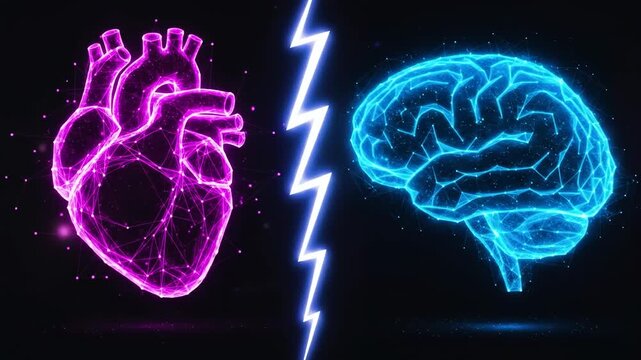 Brain vs Heart Glowing low poly neon design concept.