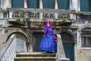 Full-length portrait of Venetian carnival performer wearing vibrant blue and magenta baroque costume with decorative fan and birds details