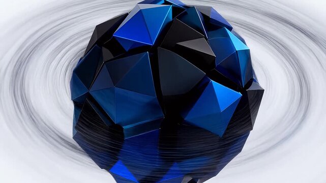 Metallic polyhedral sphere with rotating lines on light background