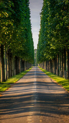 Obraz premium A straight road lined with tall, green trees on both sides.