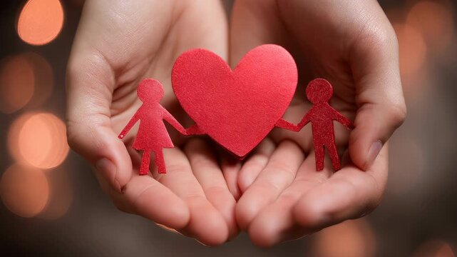 Family hands holding red heart, health insurance charity donation concept, csr responsibility and community care theme, world heart day background with copy space