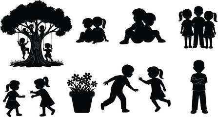 Children silhouette collection showing kids playing, sitting, running, and standing together, black vector illustrations representing childhood, friendship, 