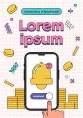 smartphone with notification bell and gold coins on grid background

