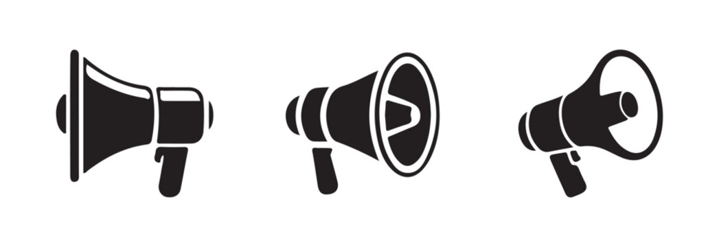 Collection of three vector illustrations featuring varying angular perspectives of filled and outlined megaphone objects