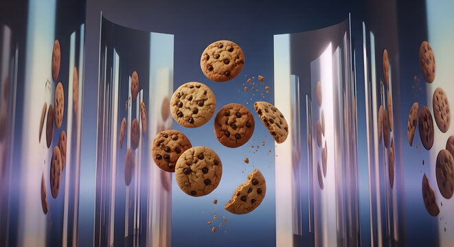 A group of crispy chocolate chip cookies levitating in a futuristic space surrounded by curved metallic mirrors and blue light reflections with floating crumbs