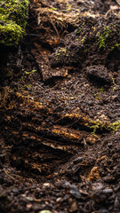 Fototapeta premium Close-up of dark, moist soil with small green moss patches and organic debris.