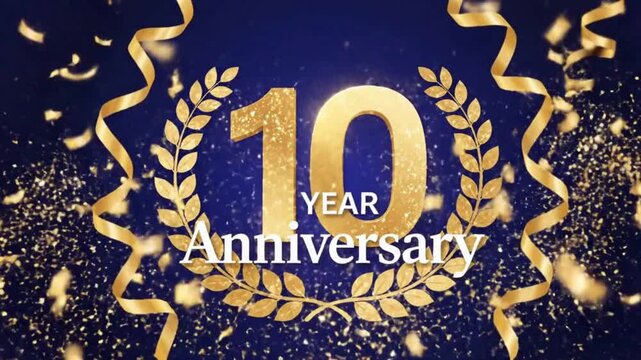 A festive golden '10 YEAR Anniversary' design with falling confetti and ribbons on a sparkling dark blue background, celebrating a decade milestone.