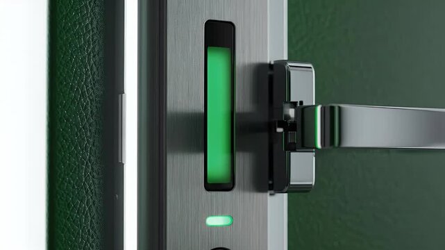 Close-up of a modern door, with a brushed metal finish, glowing lights, and a textured green surface