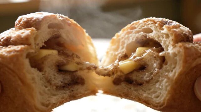A freshly baked bun being torn apart to reveal its gooey cheese and meat filling in a close-up shot