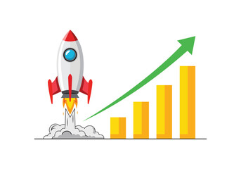 Rocket ship launching upward with growing bar graph and green arrow indicating success